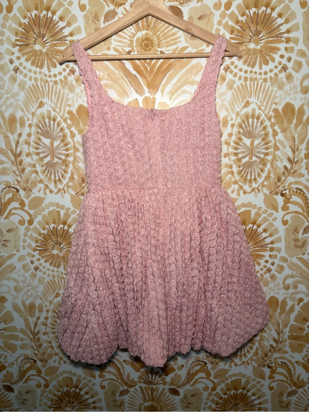 Pink Rosette Textured Fit & Flare Dress Sleeveless Feminine Party Mini - Picture 7 of 8